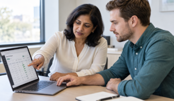 Two revenue cycle colleagues reviewing a claims workqueue together on a laptop during hands-on training.